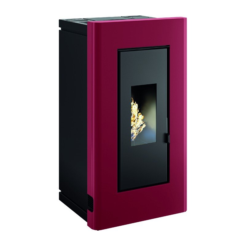 Poêle à granulés canalisable ARA 12 kW, design moderne, couleur bordeaux, incluant un kit ventouse performant.