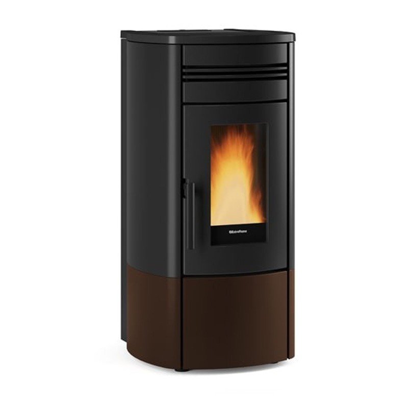 Poêle à granulés étanche 12 kW Noris, design moderne, finition noire et marron, idéal pour un chauffage efficace.