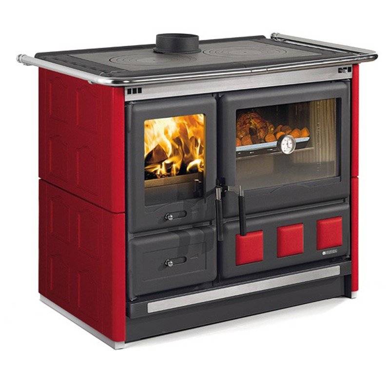 Cuisinière à bois Rosa XXL Maiolica 11 kW rouge, avec four intégré et vue sur la flamme pour cuisson efficace.