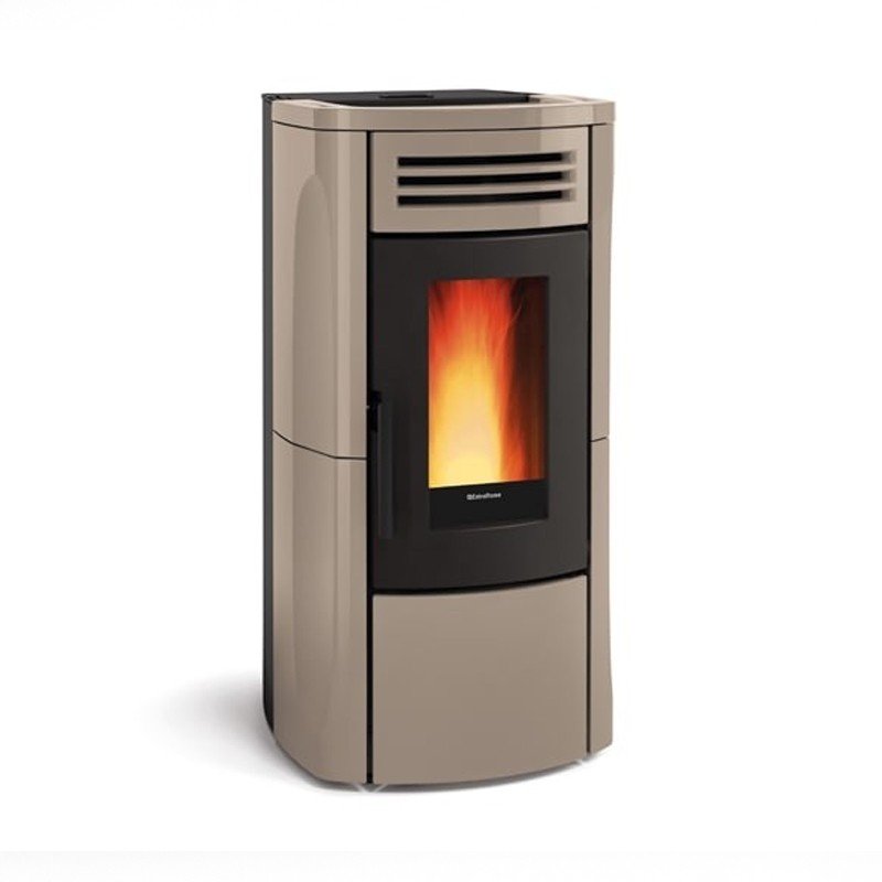 Poêle à granulés beige 12 kW Terry Plus avec écran de contrôle, design moderne et technologie de pointe pour chauffage efficace