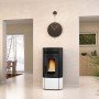 Poêle à granulés Noris Plus 12 kW silencieuse, design moderne, idéale pour chauffer votre salon avec style et efficacité.