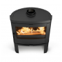 Poêle à bois Nordica Jennifer 2.0 7,7 kW noir, vue avant avec flammes, design moderne et élégant pour chauffage ambiance.