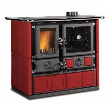 Cuisinière à bois Rosa Maiolica 8.8 kW en céramique rouge, design classique avec double four et cheminée intégrée